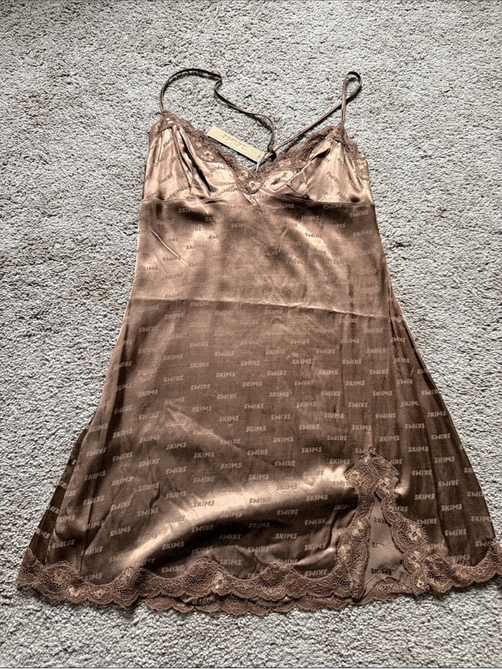 SKIMS Brown Satin Lace Trim Slip Chemise